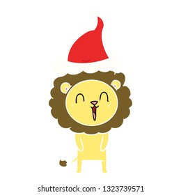 laughing lion hand drawn flat color illustration of a wearing santa hat