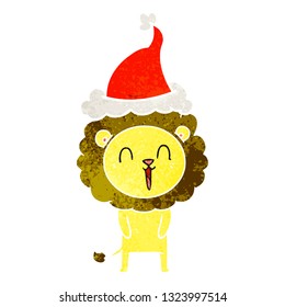 laughing lion hand drawn retro cartoon of a wearing santa hat