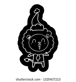 laughing lion quirky cartoon icon of a wearing santa hat