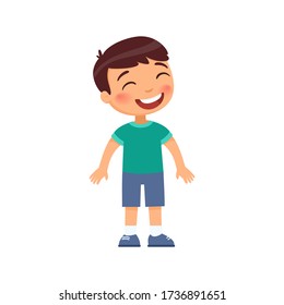 Laughing little boy flat vector illustration. Cheerful child  with a smile on face standing alone cartoon character. Lonely kid in good mood, person happy expression isolated on white background