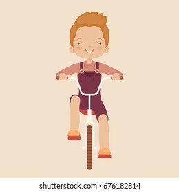 Laughing little boy riding a bicycle, cartoon vector illustrations isolated on cream background. Happy child on a bike, childhood concept