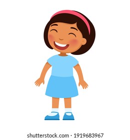 Laughing Little Girl. Cheerful Latin-American Child With A Smile On Face Standing Alone Cartoon Character. Lonely Kid In Good Mood, Person Happy Expression