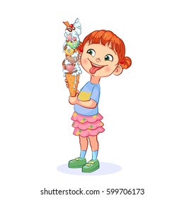 Laughing little girl eats a multistory tower of colored ice cream in a waffle cone. Comic isolated vector illustration.