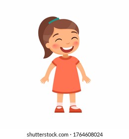 Laughing little girl flat vector illustration. Cheerful child  with a smile on face standing alone cartoon character. Lonely kid in good mood, person happy expression isolated on white background