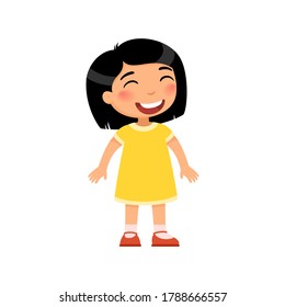 Laughing little girl flat vector illustration. Cheerful Asian child with a smile on face standing alone cartoon character. Lonely kid in good mood, person happy expression isolated on white background