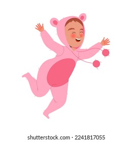 Laughing Little Toddler Boy in Pink Onesie Jumping with Joy Vector Illustration