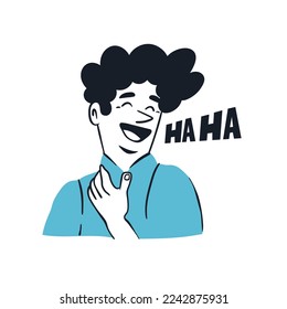 Laughing Man with blue shirt. Smiling person. Haha text. Facial expression, human emotion concept. Cartoon comic style. Cute funny character. Hand drawn Vector illustration. Avatar, print template