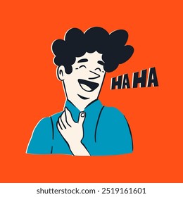 Laughing Man with blue shirt. Smiling person. Ha ha text. Facial expression, human emotion concept. Cartoon comic style. Cute funny character. Hand drawn Vector illustration. Avatar, print template