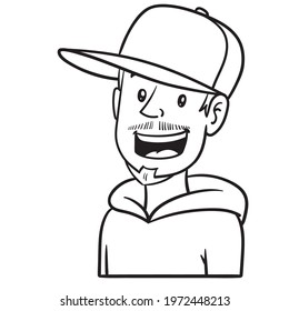 Laughing man with cap. Outline, comic, avatar.