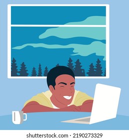 Laughing man in a cap with a tablet. Place for text. Color flat vector illustration.