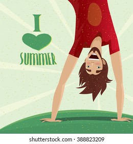 Laughing man enjoying summer and stands on hands - Summer Time concept. Vector illustration