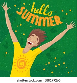 Laughing man lying on the grass with outspread arms and closed eyes - Summer Time concept. Vector illustration