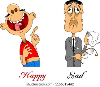 A laughing man in a red shirt and a sad man in a gray jacket

