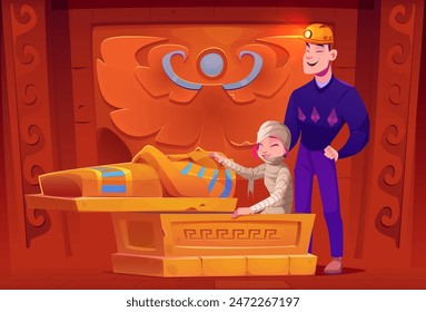 Laughing man standing near smiling woman in mummy bandage costume for funny prank or amusement attraction. Cartoon vector joke in Egyptian temple room interior with pharaoh sarcophagus and symbols.