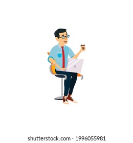  laughing man working on laptop and drinking coffee on office chair character. isolated flat cartoon illustration