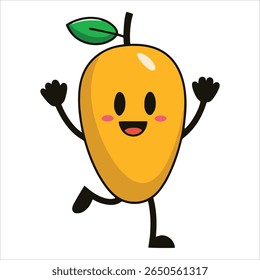 Laughing mango fruit character with joyful expression, vibrant vector illustration. Playful tropical food mascot perfect for smoothie branding and summer marketing campaigns.