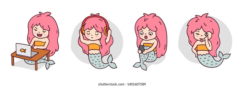 Laughing mermaid with laptop, with smartphone, mermaid listening to music, making faces, sticking tongue out. Cute cartoon characters for emoji, sticker, pin, patch, badge. Vector illustrations.