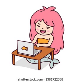 Laughing mermaid staring at a laptop. Cute cartoon character for emoji, sticker, pin, patch, badge. Vector illustration.
