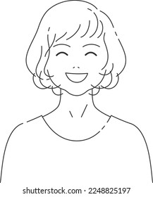 Laughing middle-aged woman 2 | line drawing・medium hair