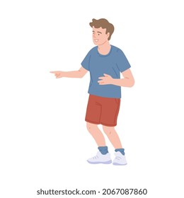 Laughing mischief child boy with bad behavior pointing with finger, flat vector illustration isolated on white background. Naughty ill-mannered child cartoon character.