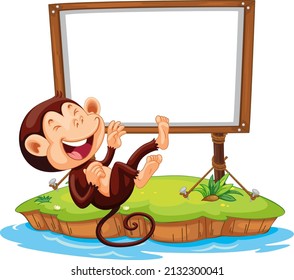 Laughing monkey with blank board on white background illustration
