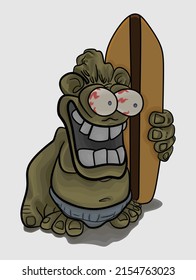 Laughing monster with surfing board, vector illustration.