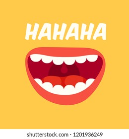 Laughing mouth. April Fools Day. Loud laugh and LOL smile face with teeth out, happy emoji doodle. Joke crazy funny spring prank humor bouche vector yellow background