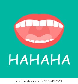 Laughing mouth icon with hahaha words. Fun and gladness. Loud laugh emoji. Lol, joke and humour sign