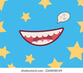 Laughing mouth with stars on blue background. Pattern for design