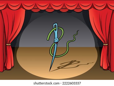 Laughing Needle with Thread - Colored Cartoon Illustration with Background, Vector