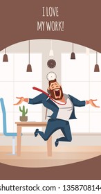 Laughing Office Worker Jumping Up. Boss Love Work. Happy Adult Businessman Express Emotion. Smiling Male Coworker Character Full of Enthusiasm Jump. Cartoon Flat Vector Illustration