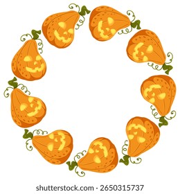 Laughing orange pumpkins spooky round frame. Vector hand drawn cartoon illustration for Halloween packaging, kids design, labels and festive branding isolated on white with copy space