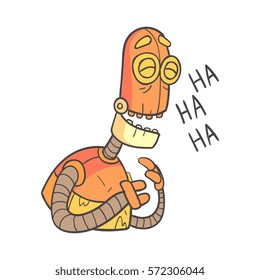 Laughing Orange Robot Cartoon Outlined Illustration With Cute Android And His Emotions