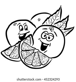 Laughing Oranges Comic Fruits Sketches. Hand drawn Vector Outline Illustrations. Useful for any kind of advertising in web and print.