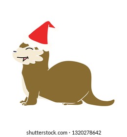 laughing otter hand drawn flat color illustration of a wearing santa hat