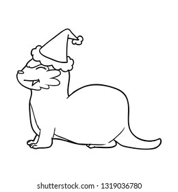 laughing otter hand drawn line drawing of a wearing santa hat