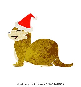 laughing otter hand drawn retro cartoon of a wearing santa hat