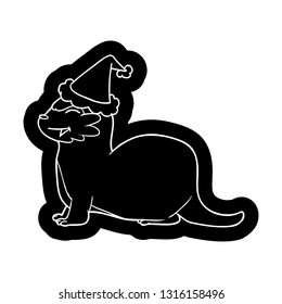 laughing otter quirky cartoon icon of a wearing santa hat