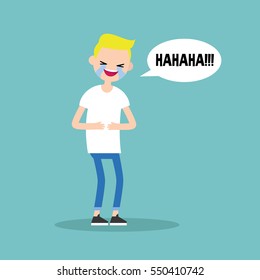 laughing out loud blond boy / flat vector editable illustration