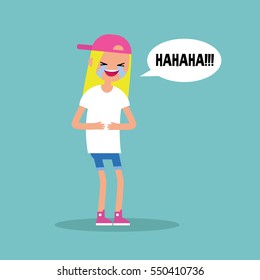 laughing out loud blond girl / flat vector editable illustration