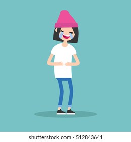 laughing out loud brunette girl / flat vector editable illustration