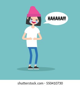 laughing out loud brunette girl / flat vector editable illustration