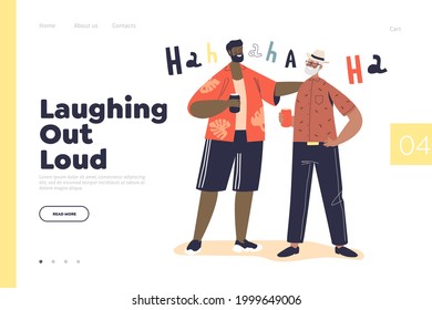 Laughing out loud concept of landing page with two adult men giggling. Male friends telling jokes drink beer meeting together having fun and cheering. Cartoon flat vector illustration
