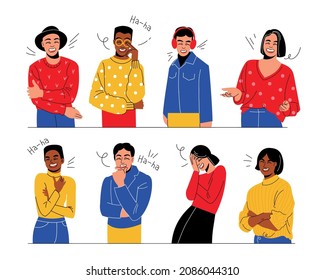 Laughing people. Cheerful smiling characters, positive emotions, men and women having fun, joke reactions, glad expressions, joyful persons gestures and poses, vector cartoon isolated set