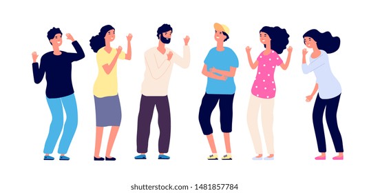 Laughing people. Happy joyful friends make fun of joke together. Smiling young guys. Positive emotion and friendship vector concept