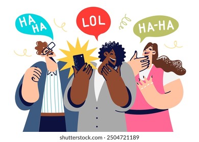 Laughing people watch video on mobile phone, enjoying jokes and anecdotes from stand-up comedian. Cheerful men and women laughing together after seeing funny meme on pages of internet forum