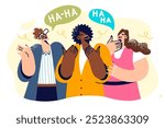 Laughing people who hear joke or satirical phrase from boss demonstrate positive mood and jubilation. Laughing man and two women celebrate victory over business competitors in pursuit of clients