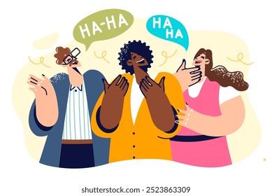 Laughing people who hear joke or satirical phrase from boss demonstrate positive mood and jubilation. Laughing man and two women celebrate victory over business competitors in pursuit of clients