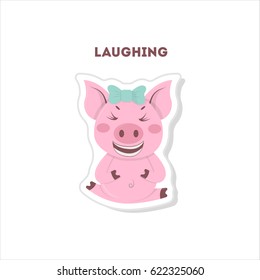 Laughing pig sticker. Isolated cute emoji on white background.