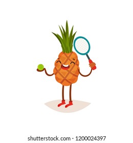Laughing pineapple standing with ball and tennis racket in hand. Sport and physical activity. Flat vector design